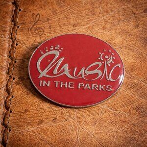 Music In The Parks Red Enamel Lapel Pin - Souvenir Silver Tone Festival Hat Pin